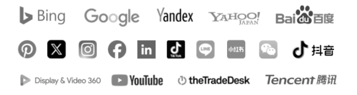 Platform logos comtogether runs, from Google, Meta and LinkedIn to Baidu, WeChat, Douyin, Xiaohongshu, Yandex and Yahoo Japan