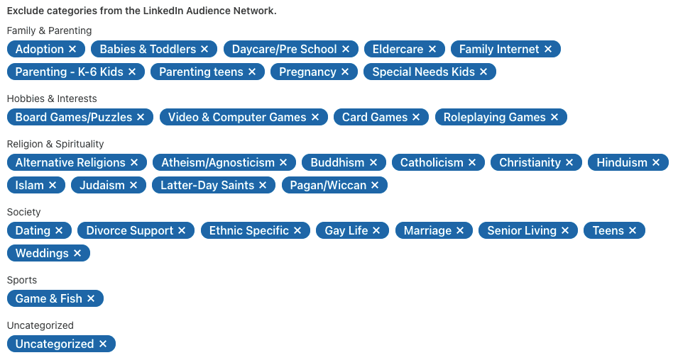 linkedin audience network category exclusions