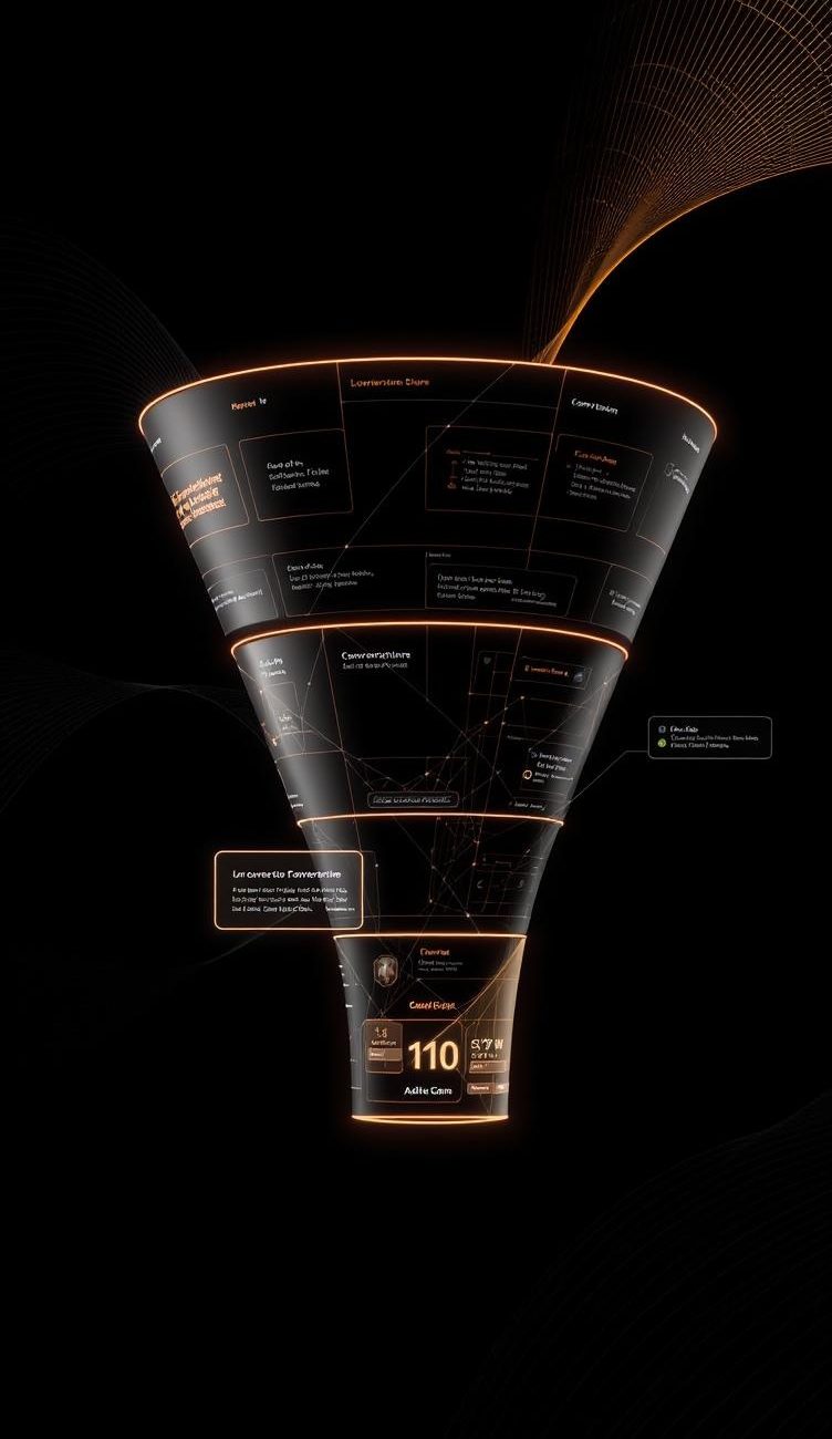 AI landing page wireframes with user conversion journey, transformation arrows, orange yellow lighting, floating UX elements, automated optimized page creation digital studio
