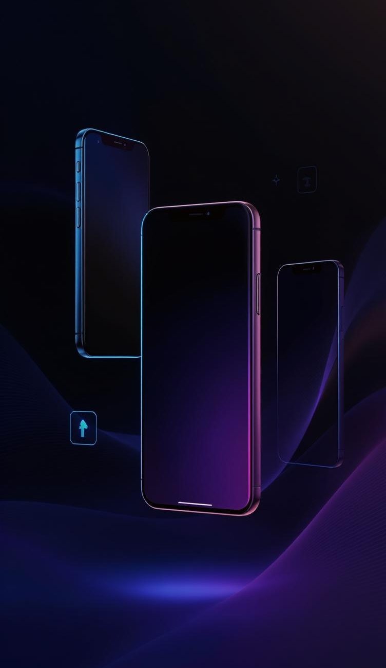 AI creative interface showing automated social media ad generation with floating smartphones, Instagram LinkedIn TikTok icons, blue purple lighting effects, automated digital content creation studio